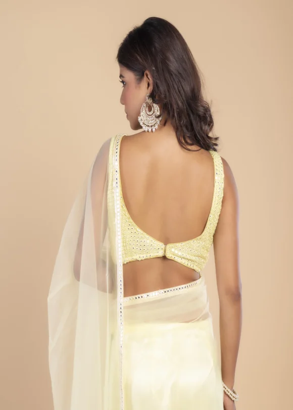 Cream Net Saree With Mirror Border - Image 4