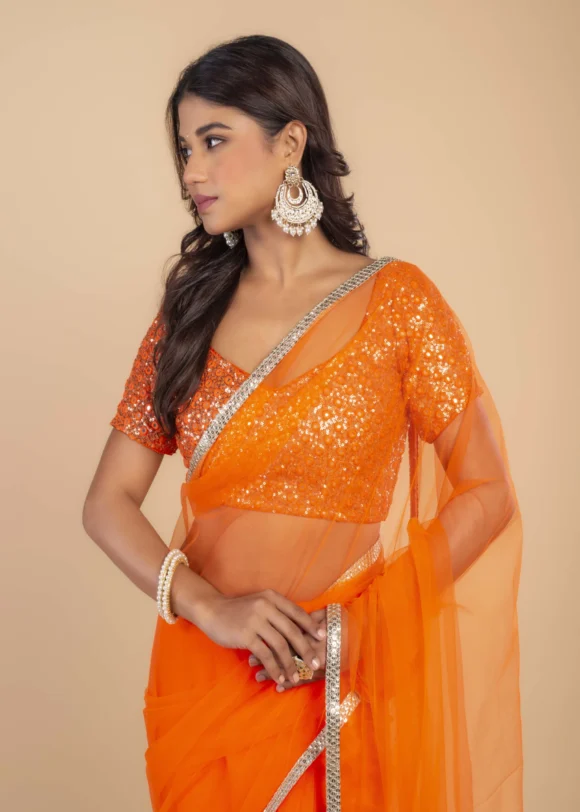 Orange Net Saree With Gold Border - Image 2