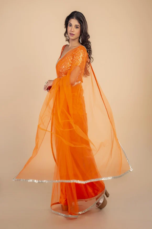 Orange Net Saree With Gold Border - Image 3