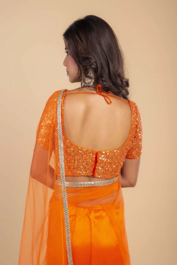 Orange Net Saree With Gold Border - Image 4