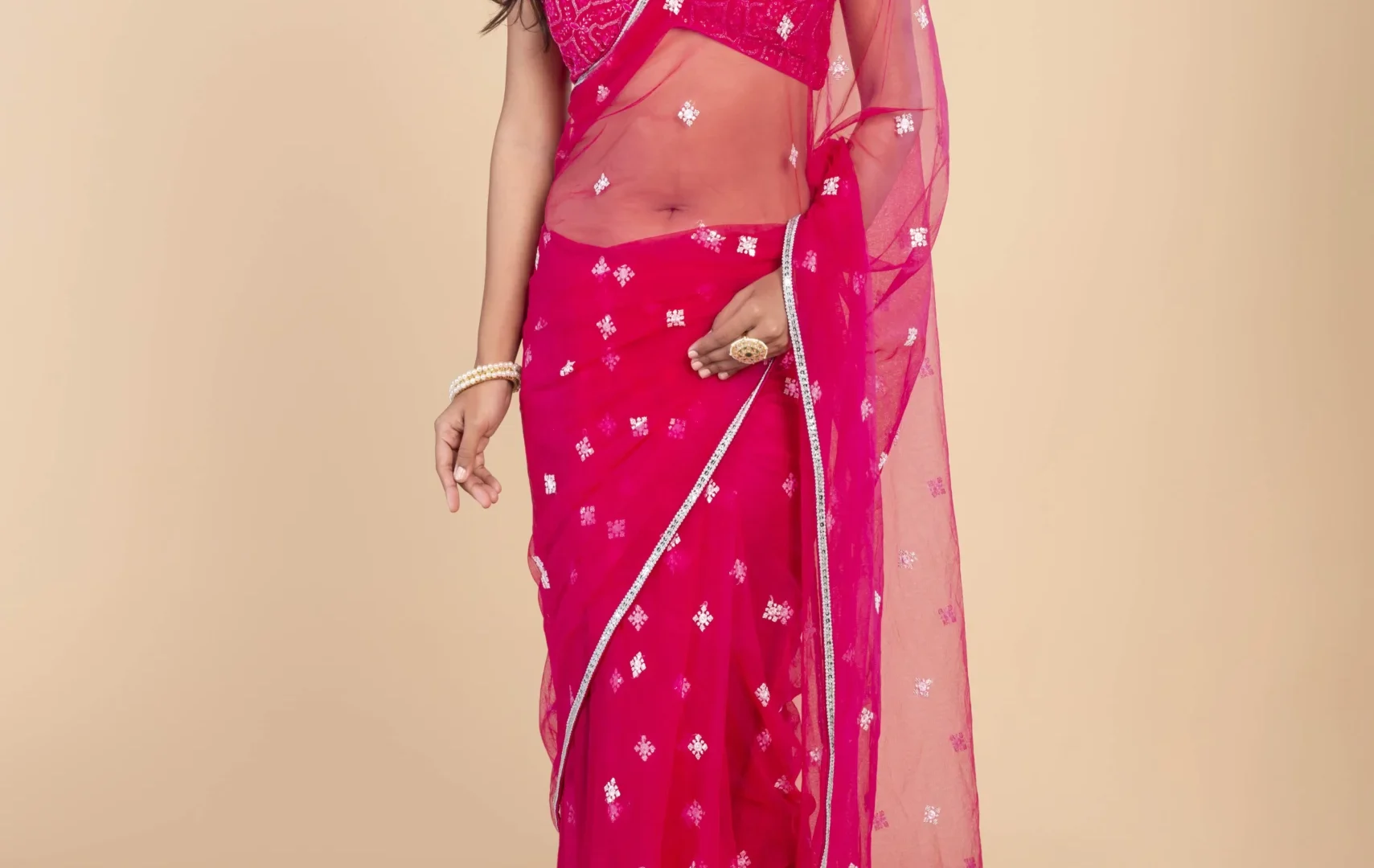 Pink White Sequence Thread Butte Net Saree