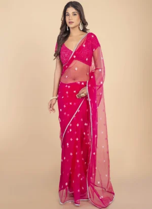 Pink White Sequence Thread Butte Net Saree