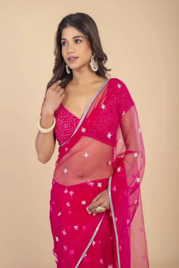 Pink White Sequence Thread Butte Net Saree - Image 2