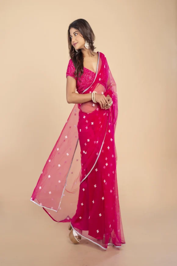 Pink White Sequence Thread Butte Net Saree - Image 3