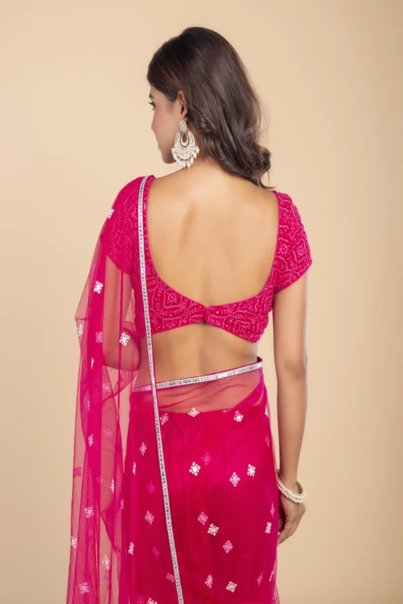 Pink White Sequence Thread Butte Net Saree - Image 4