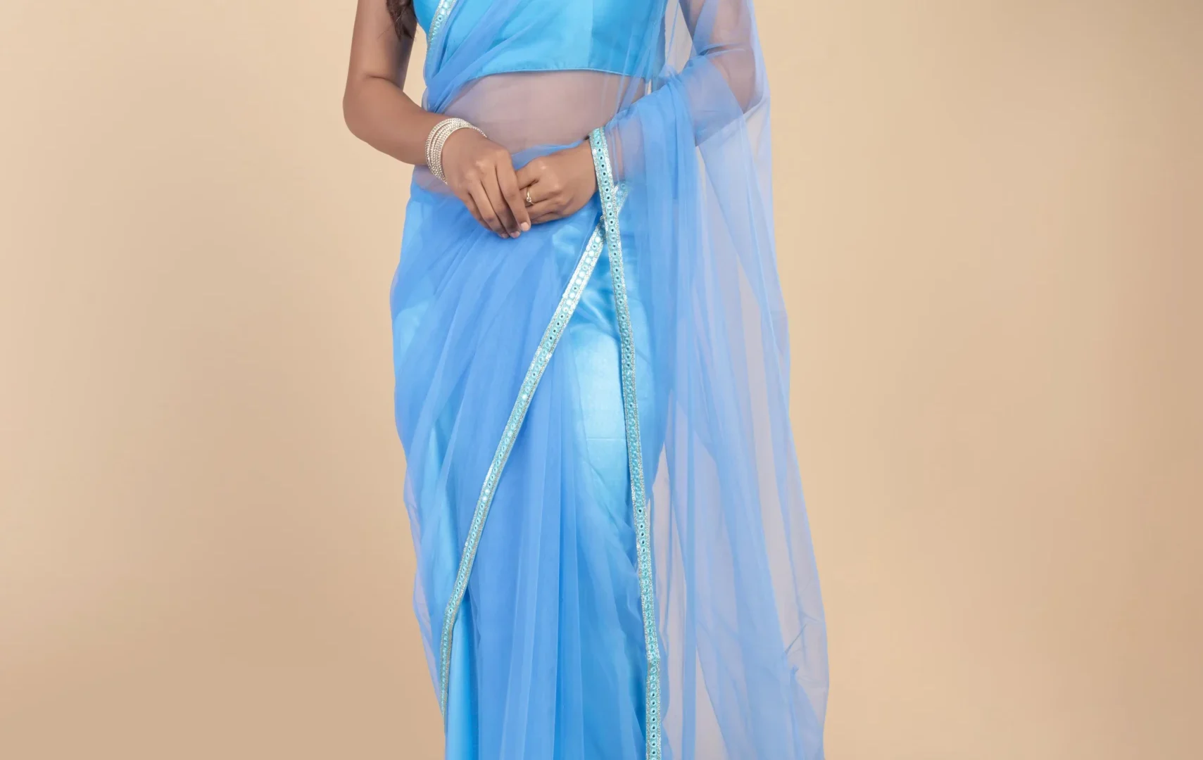 Sky Net Saree With Mirror Border