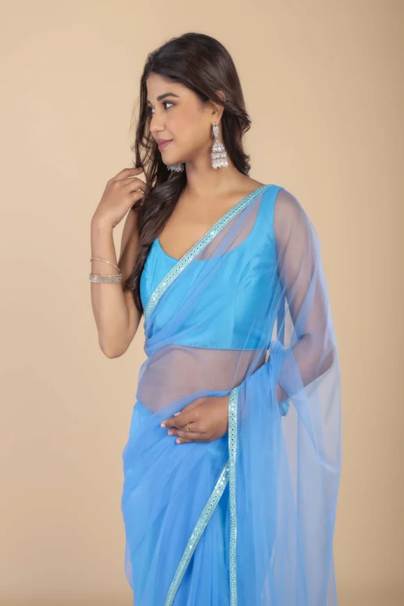 Sky Net Saree With Mirror Border - Image 2