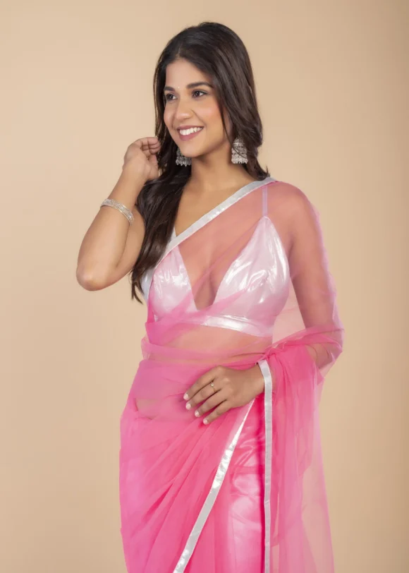 Baby Pink Barbie Net Saree - Image 2