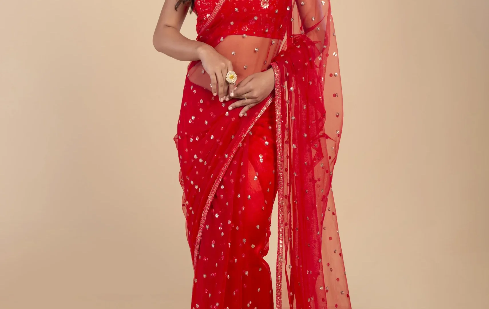 Maroon Red Net Saree With Gold Butte