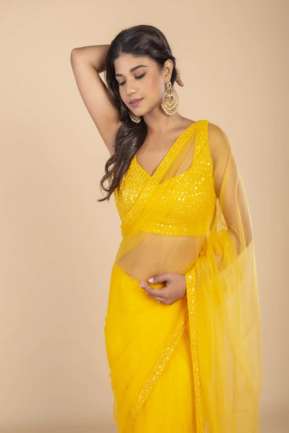 Yellow Net saree - Image 3