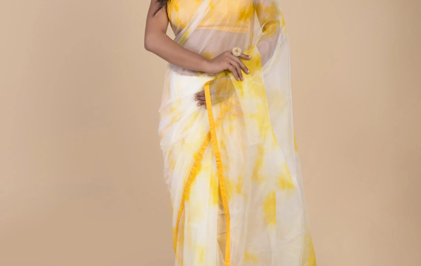 Organza Silk Yellow and off white Fade Saree