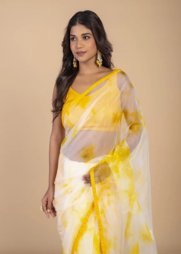 Organza Silk Yellow and off white Fade Saree - Image 2