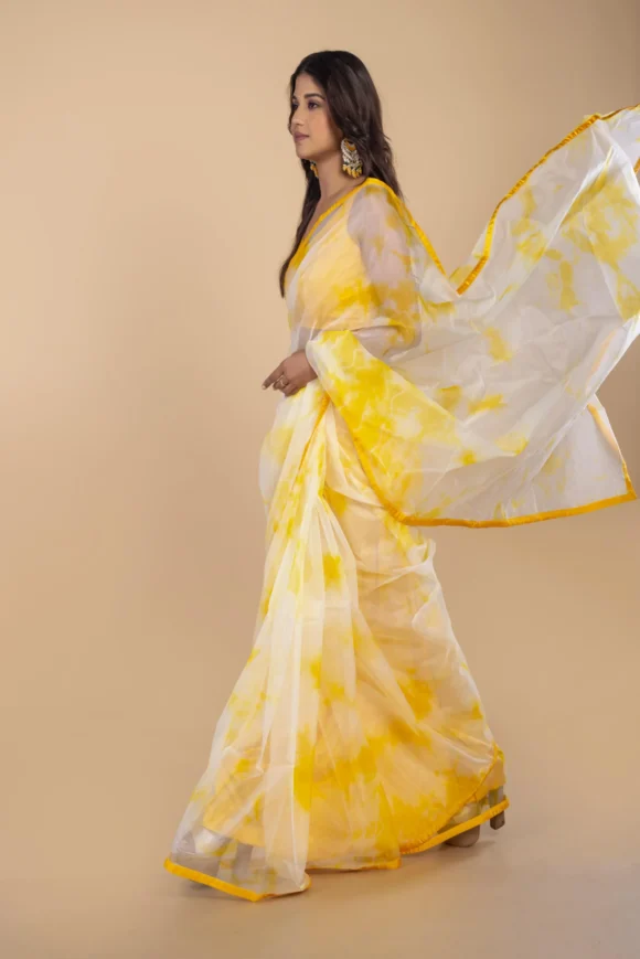 Organza Silk Yellow and off white Fade Saree - Image 3