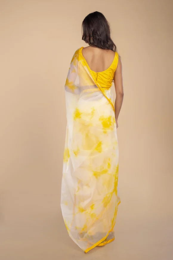 Organza Silk Yellow and off white Fade Saree - Image 4