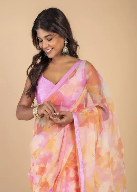 Organza Flower Foil Print Saree - Image 2