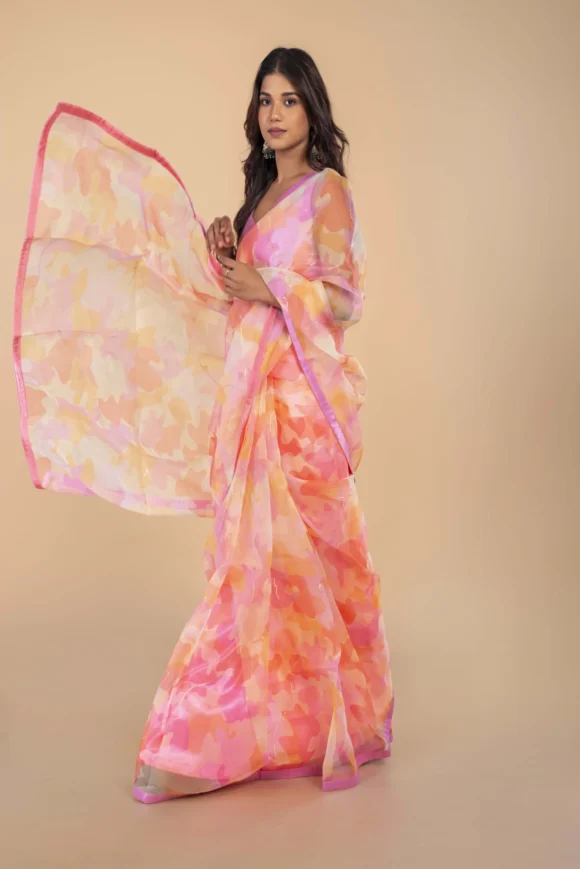 Organza Flower Foil Print Saree - Image 3