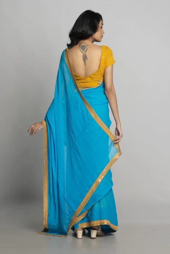 Sky Blue Georgette Thread Work Saree - Image 2