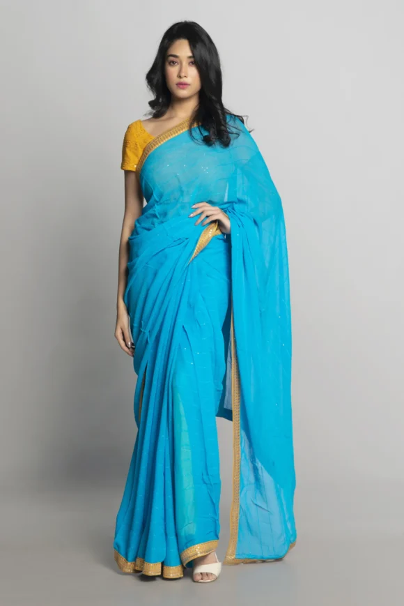 Sky Blue Georgette Thread Work Saree - Image 3