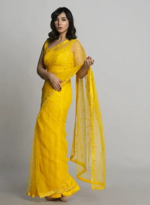 Yellow Butta Net Saree