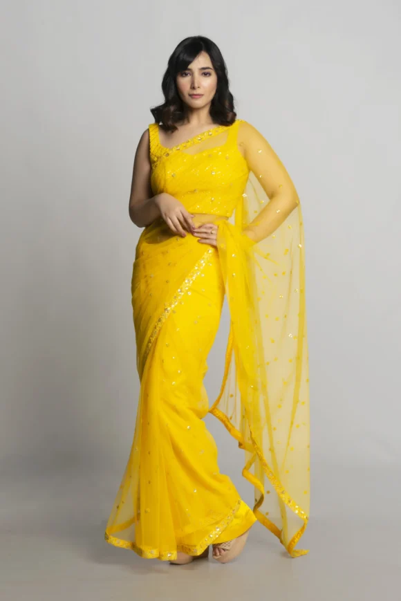 Yellow Butta Net Saree - Image 3