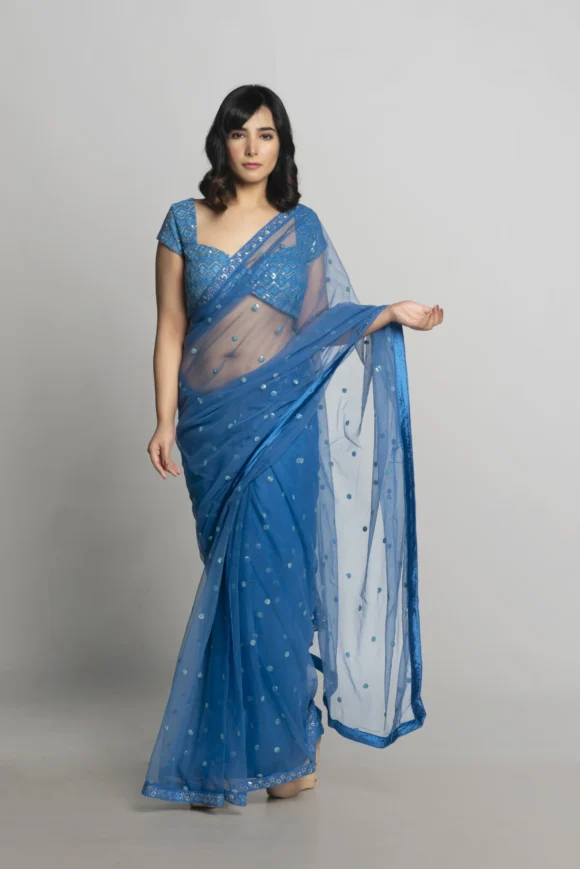 Net Aqua Blue Butta Saree - Image 2