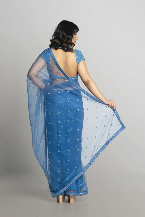 Net Aqua Blue Butta Saree - Image 3