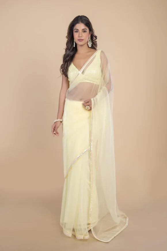 Cream Net Saree With Mirror Border - Image 3