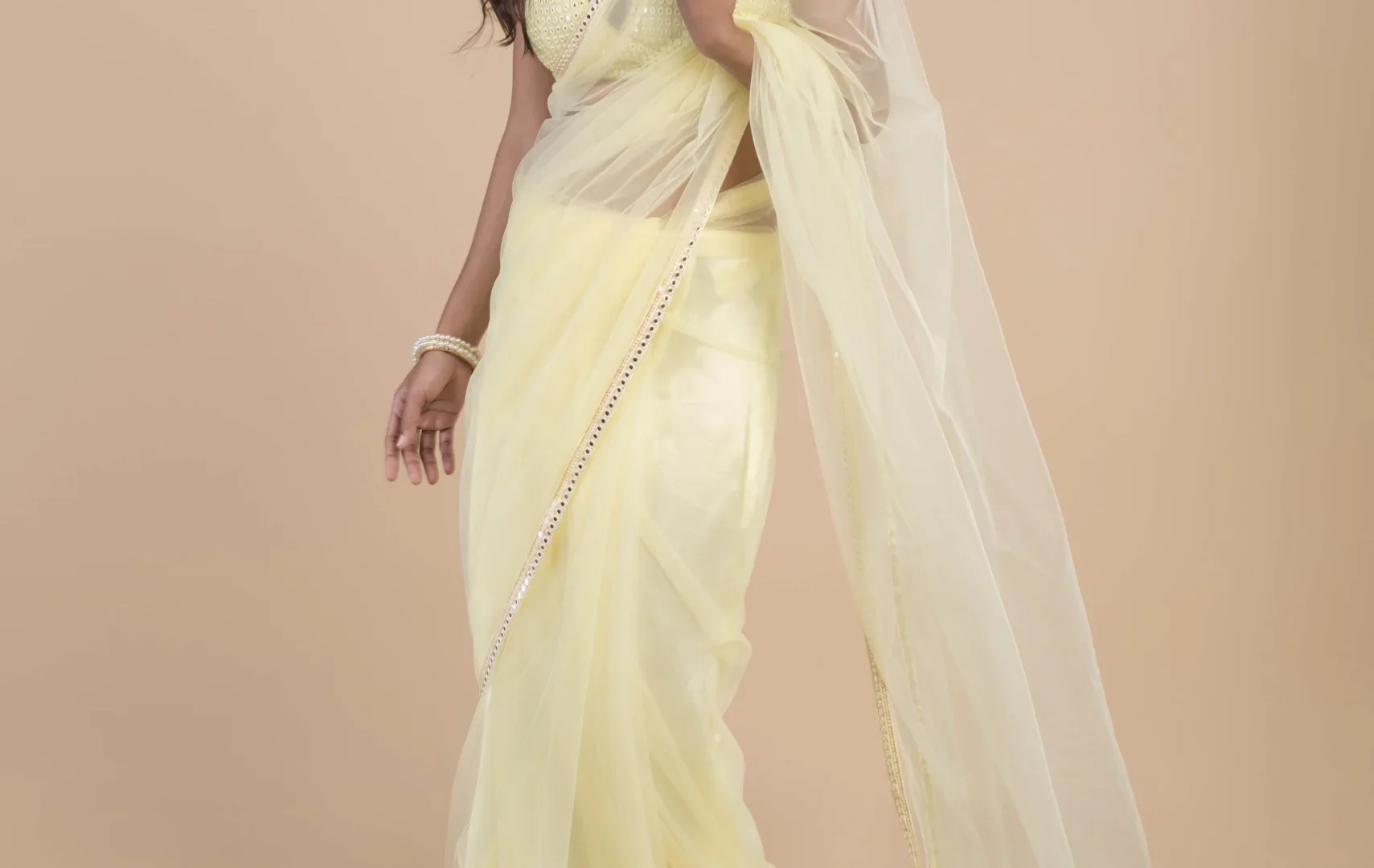 Cream Net Saree With Mirror Border