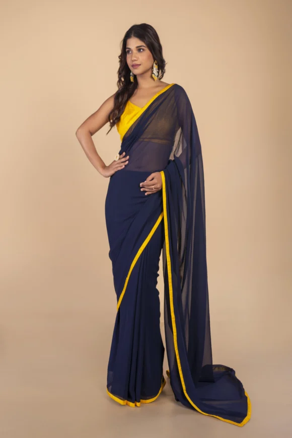 Blue Georgette Saree With Yellow Border - Image 2