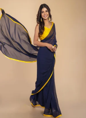 Blue Georgette Saree With Yellow Border