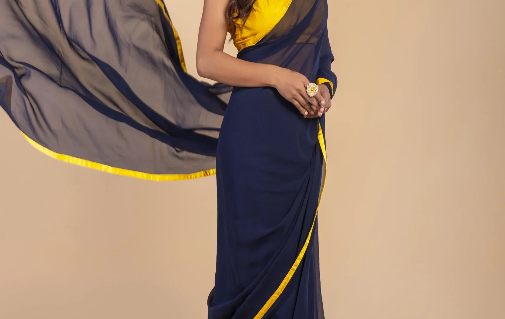 Blue Georgette Saree With Yellow Border