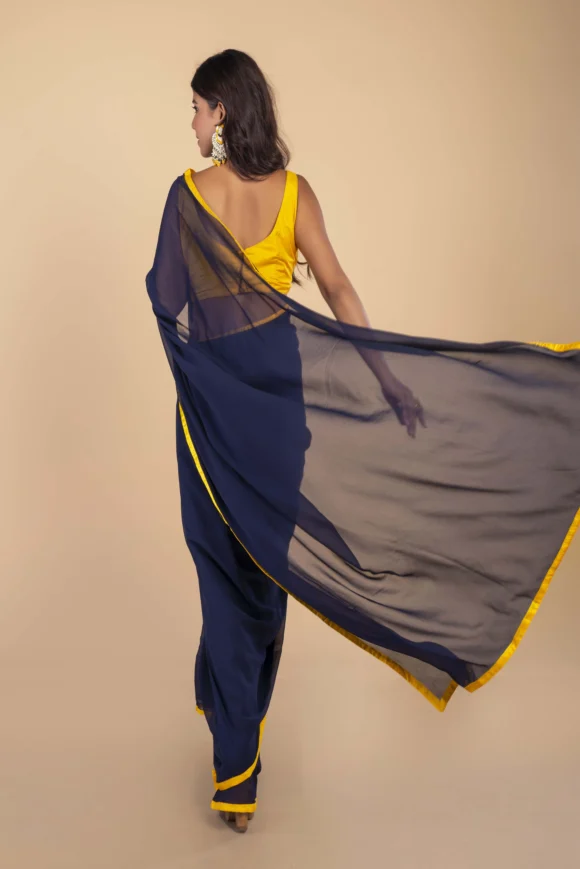 Blue Georgette Saree With Yellow Border - Image 4