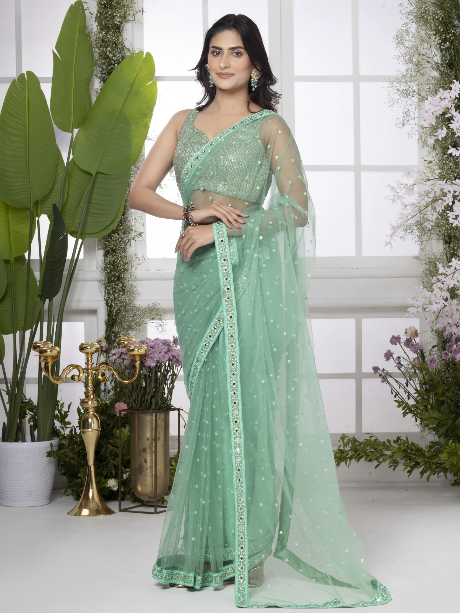 Mint Green Net Butta Saree - Image 3