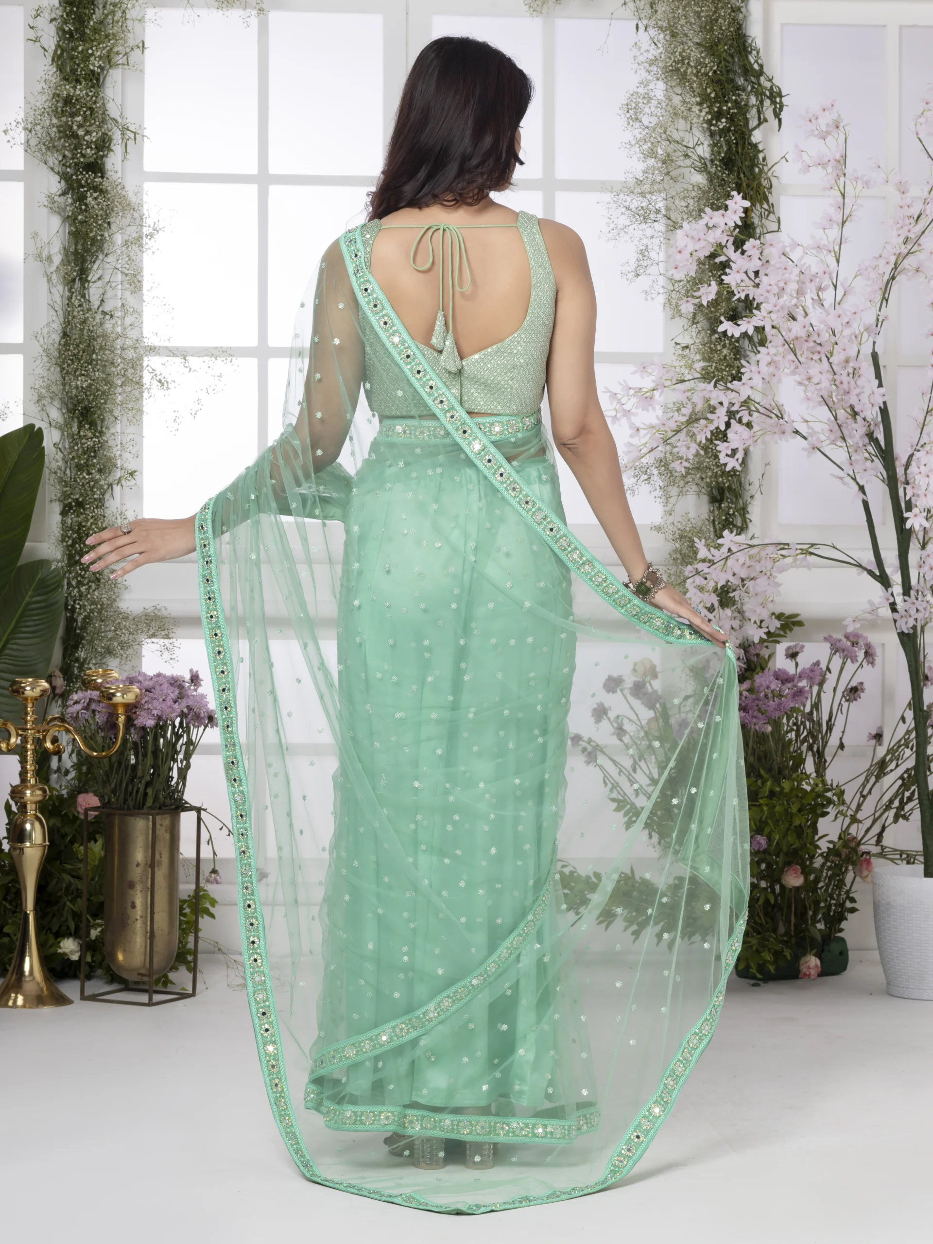 Mint Green Net Butta Saree - Image 7