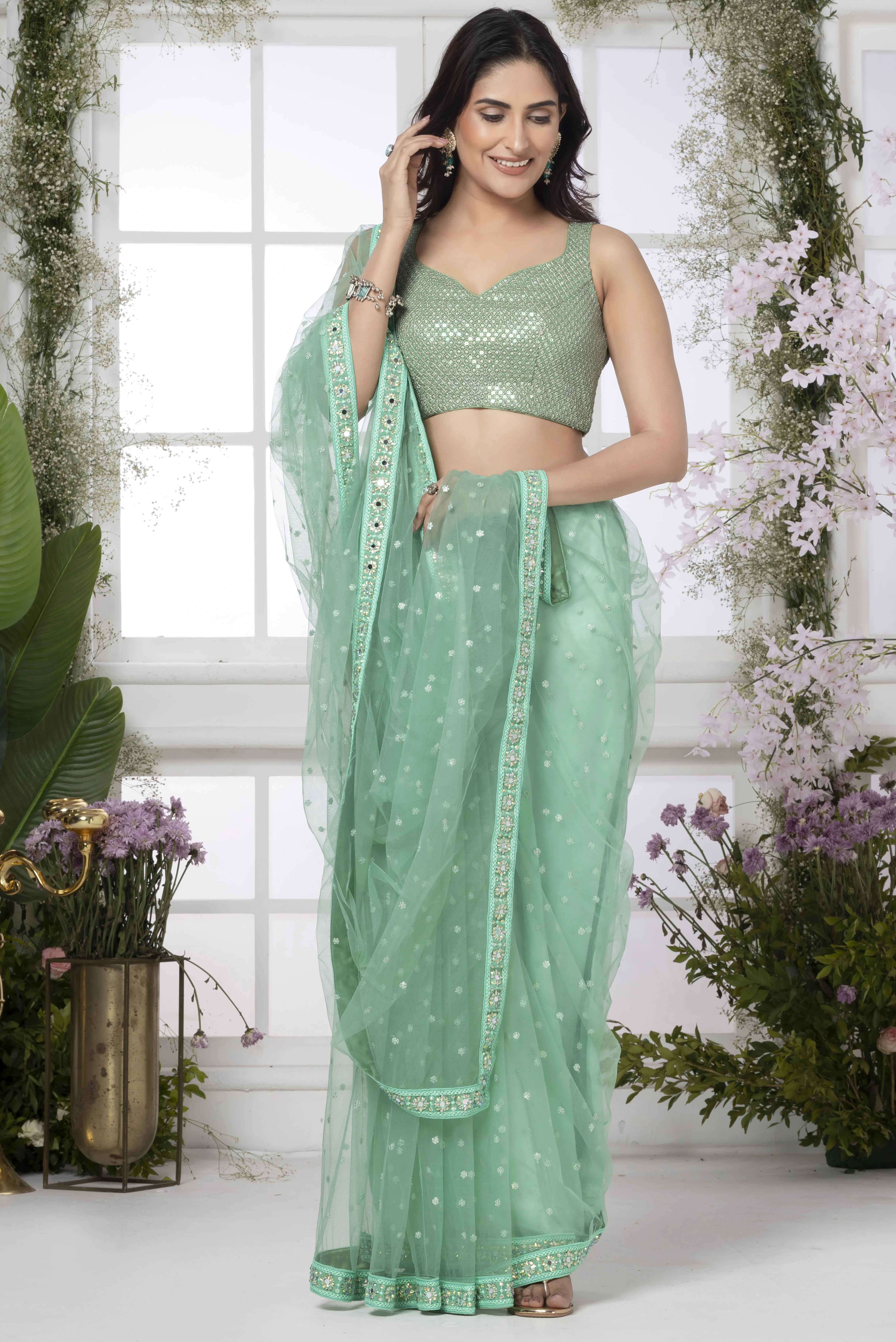 Mint Green Net Butta Saree