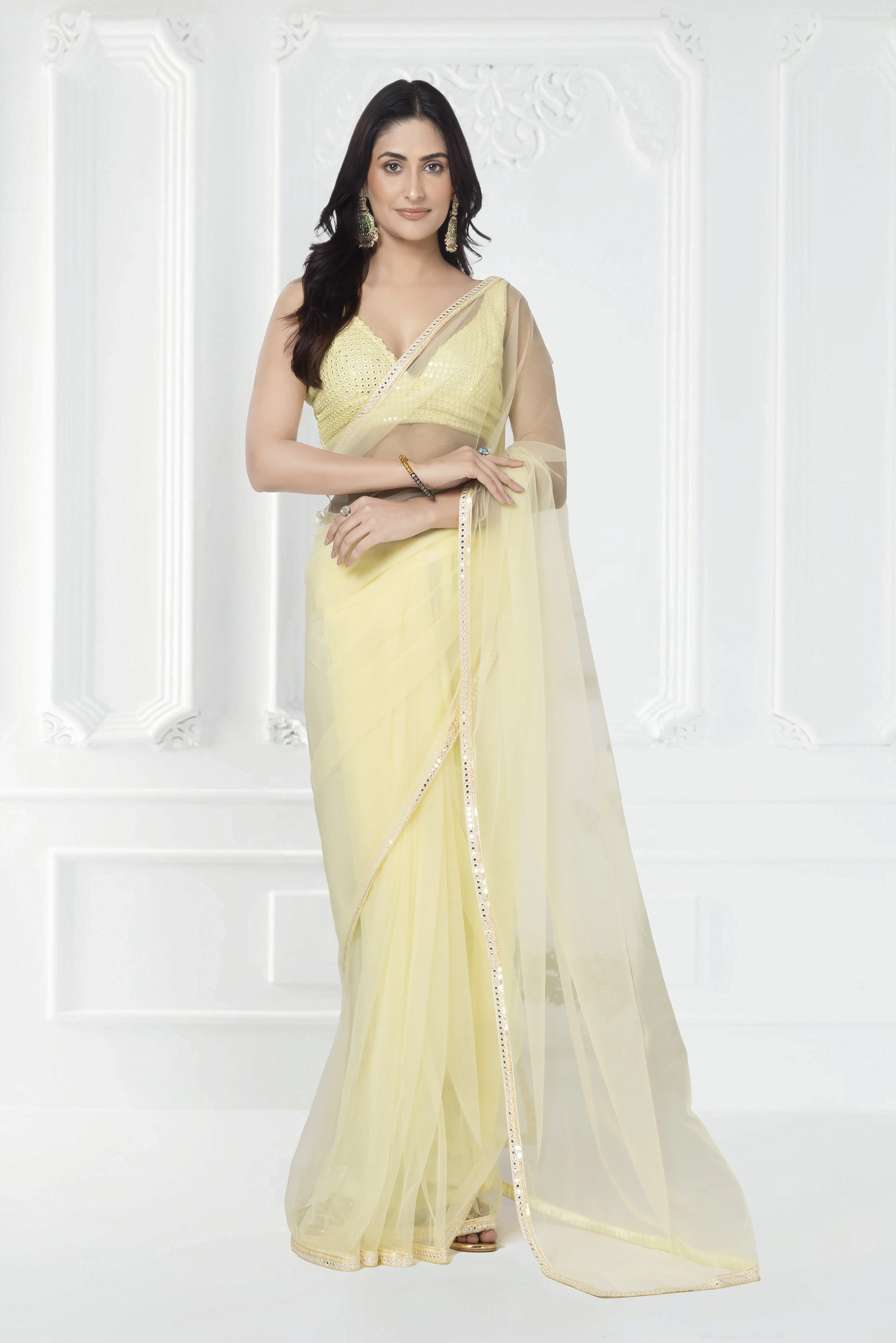 Soft Cream Net Saree With Mirror Border