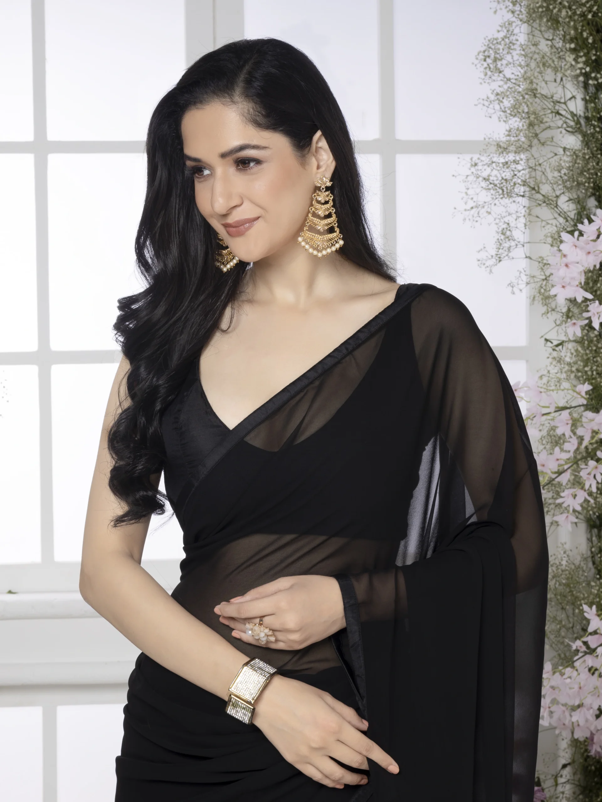 Solid Black Georgette Saree - Image 4