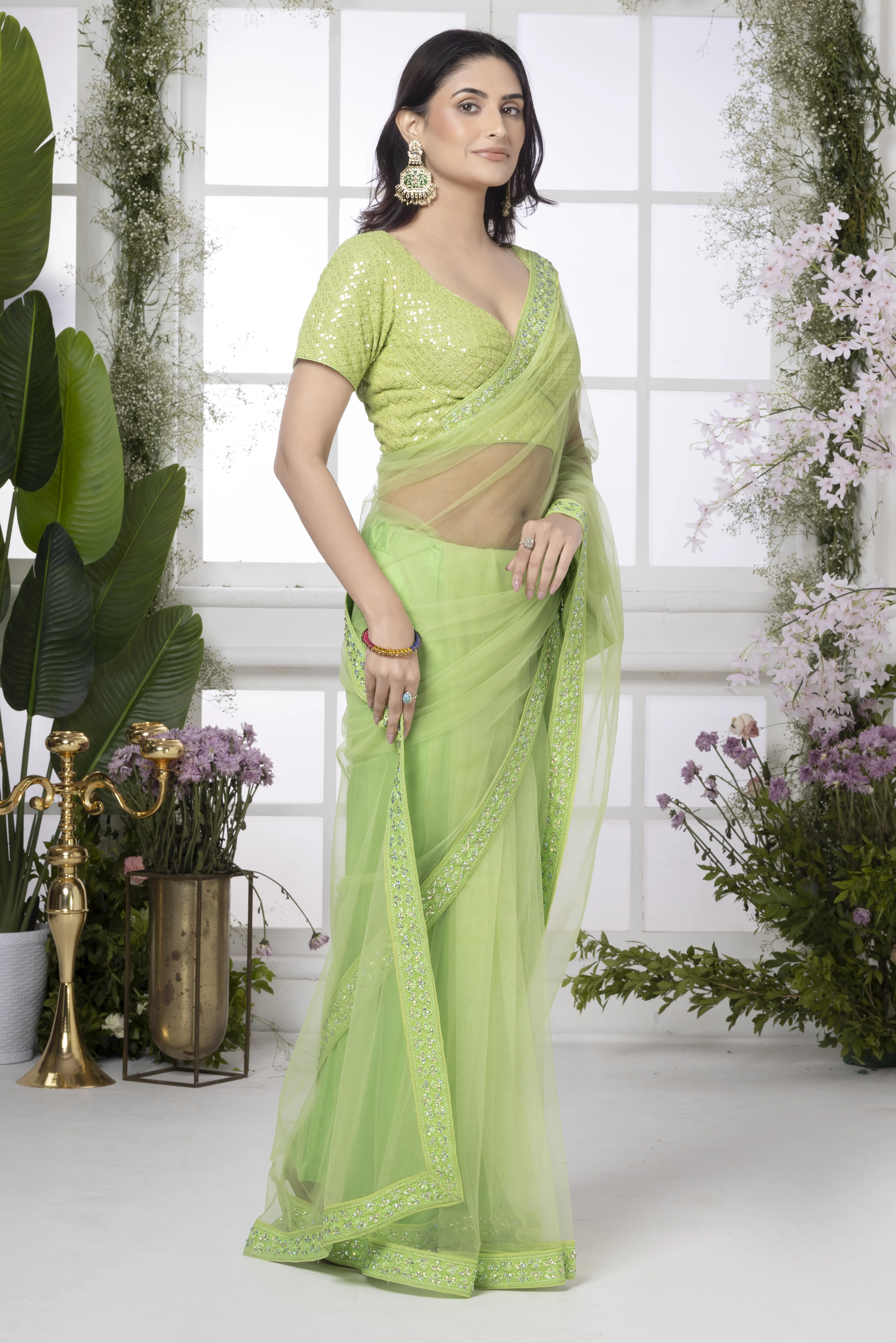 Parrot Green Net Saree With Mirror Border