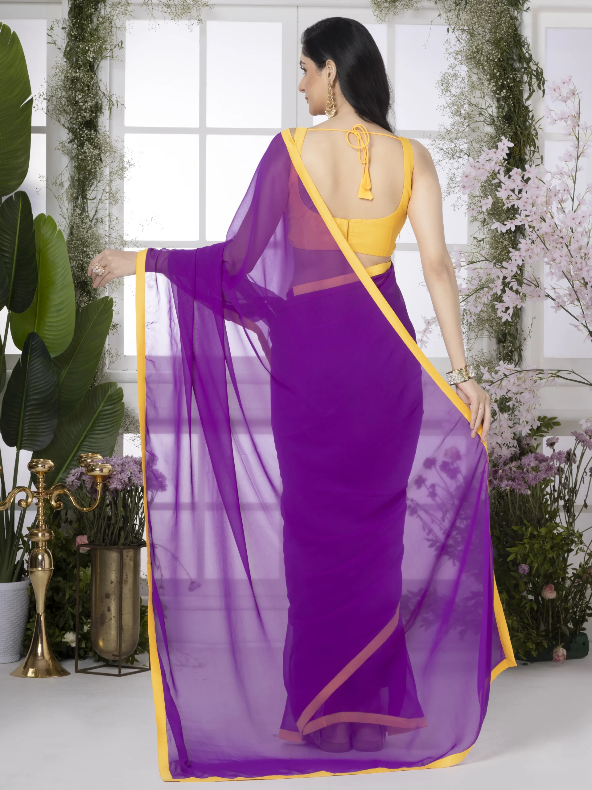 Purple Georgette Saree With Yellow Border - Image 5