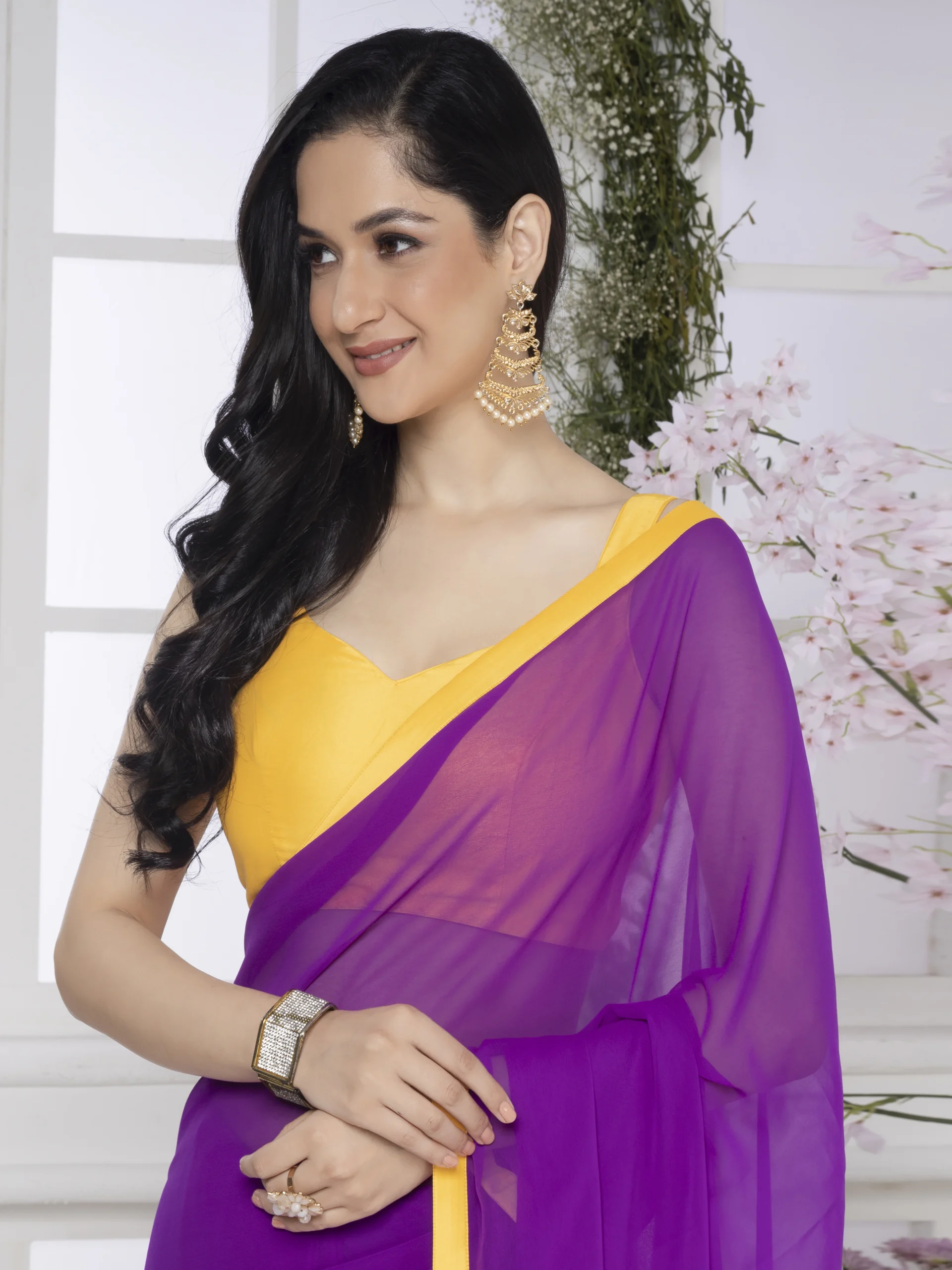 Purple Georgette Saree With Yellow Border - Image 6