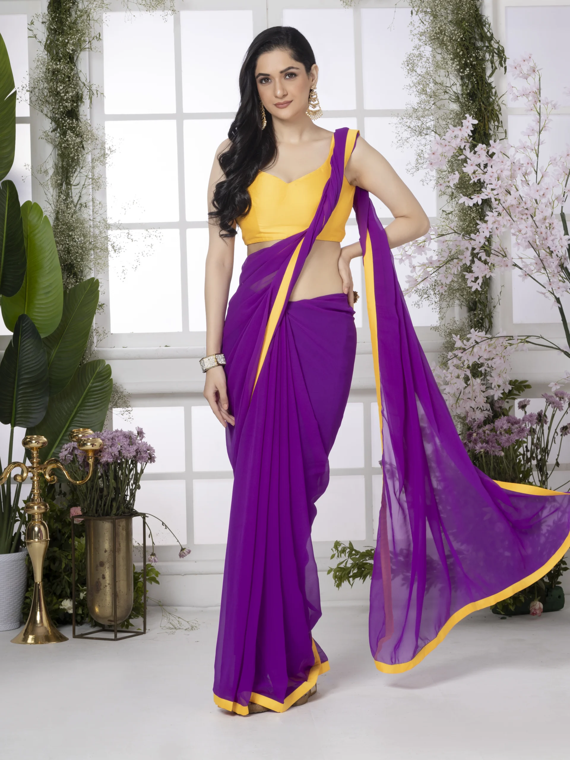Purple Georgette Saree With Yellow Border - Image 3