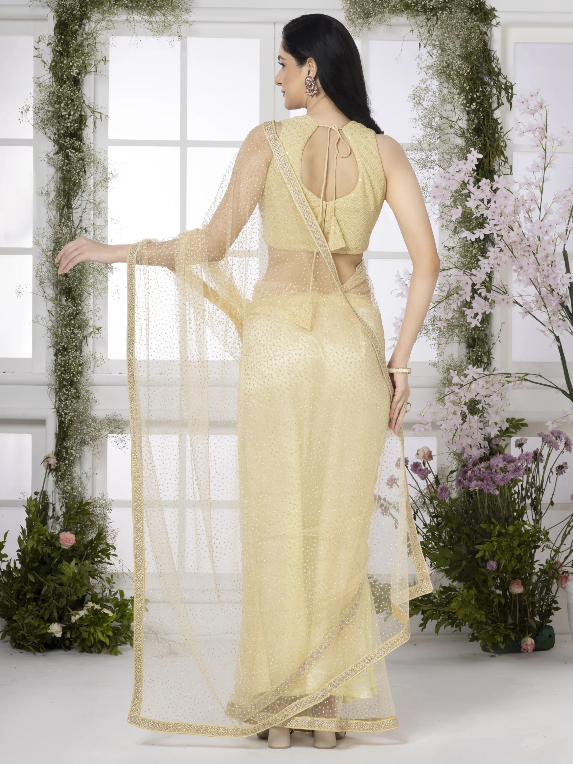 Ivory Dreams Golden Whisper Net Saree - Image 4