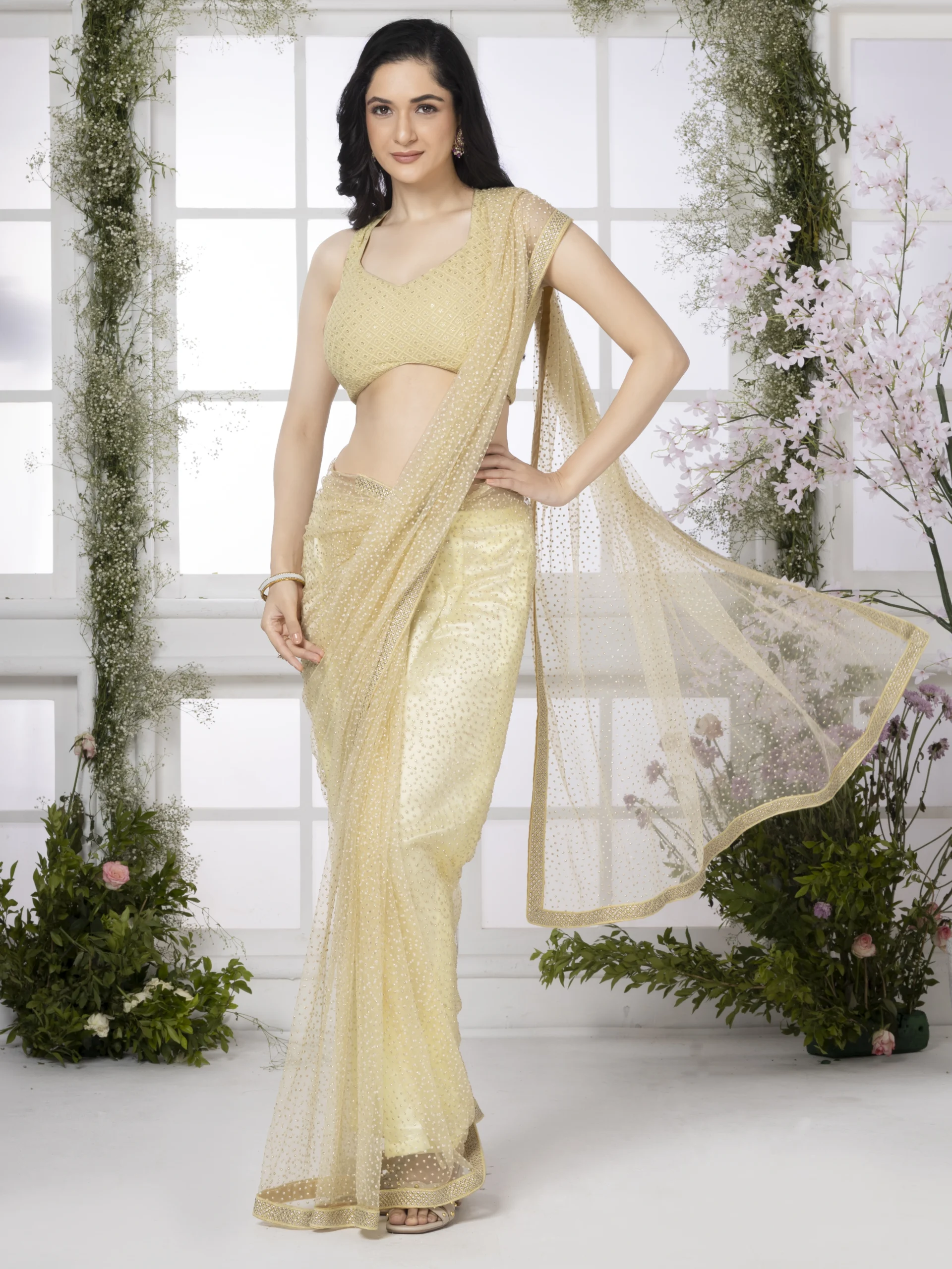 Ivory Dreams Golden Whisper Net Saree - Image 6