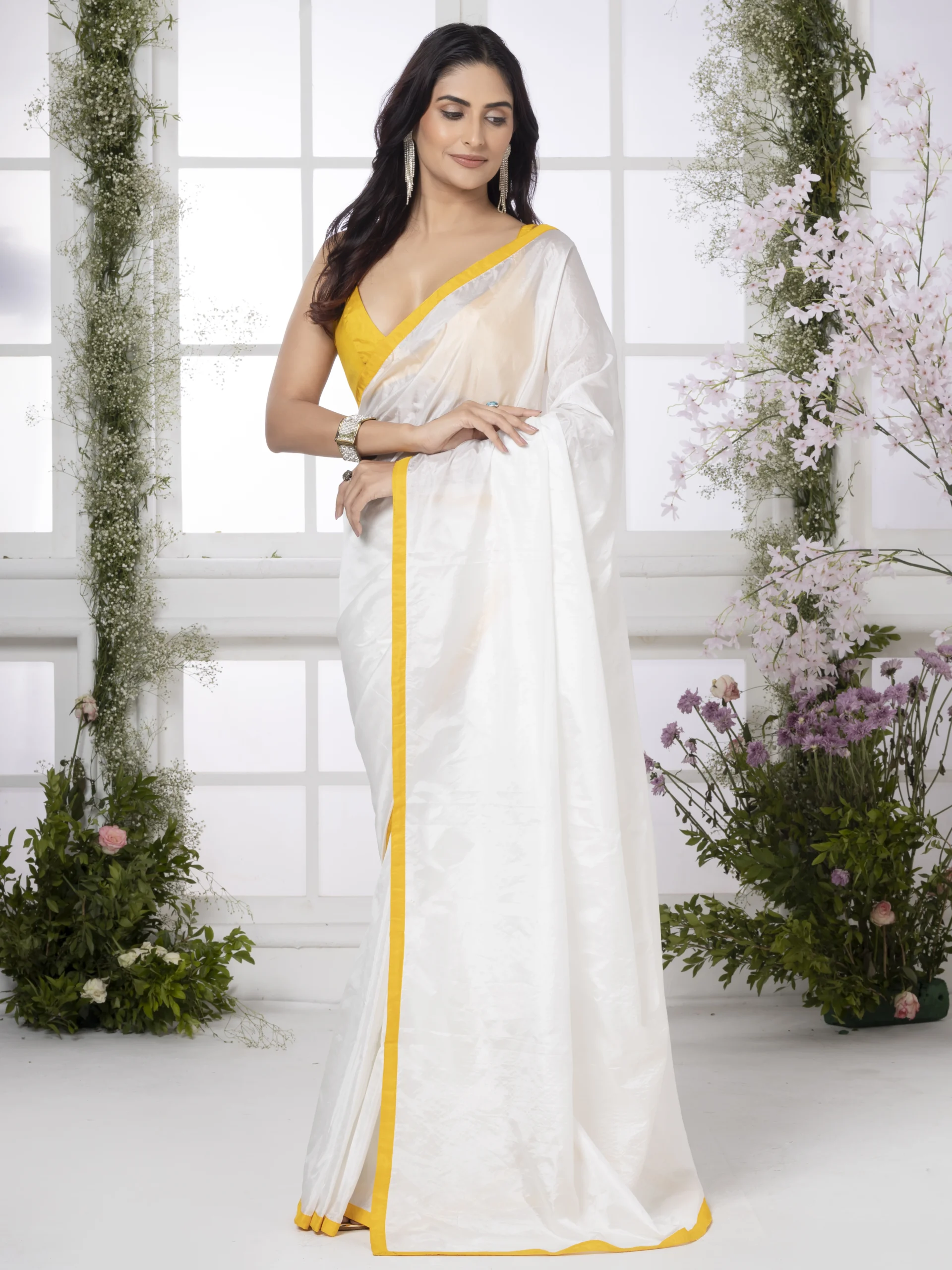 White Silk Saree With Yellow Border - Image 3