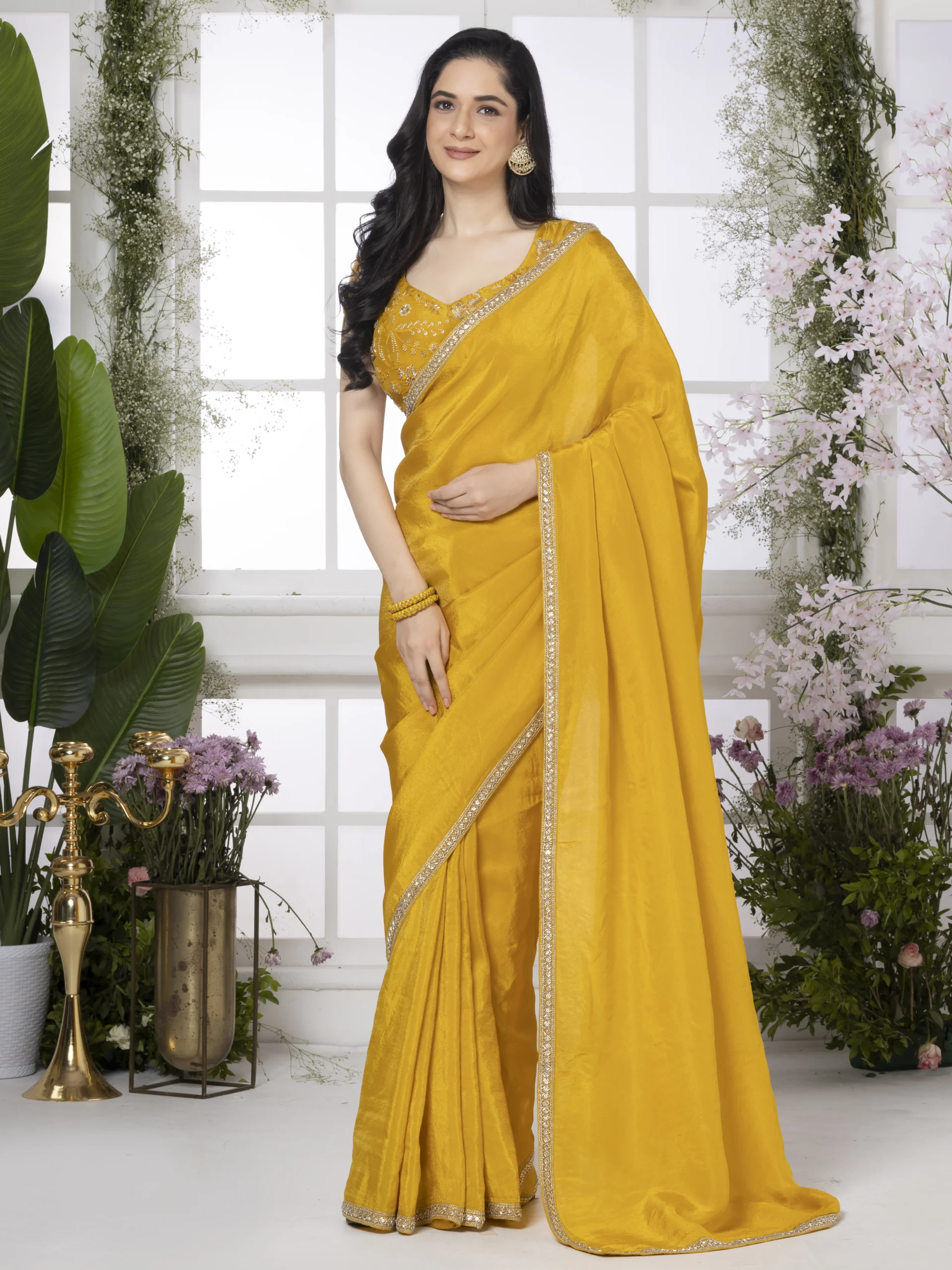 Yellow Pure Tissue Silk Saree With Cutdana Work Border - Image 2