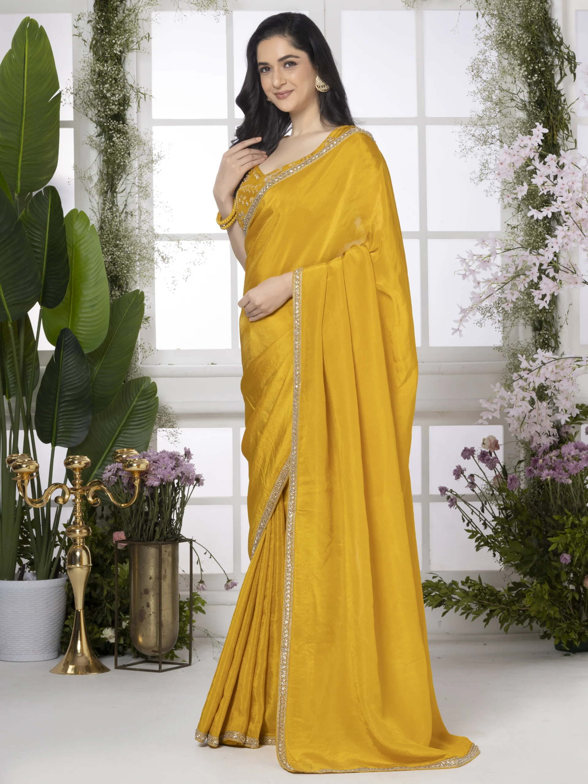 Yellow Pure Tissue Silk Saree With Cutdana Work Border - Image 4