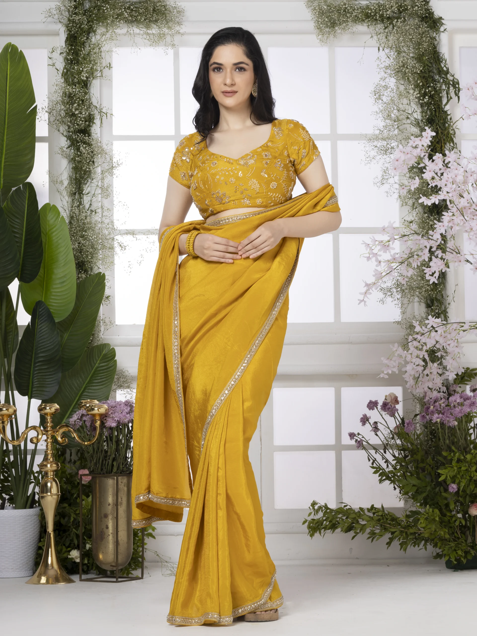 Yellow Pure Tissue Silk Saree With Cutdana Work Border