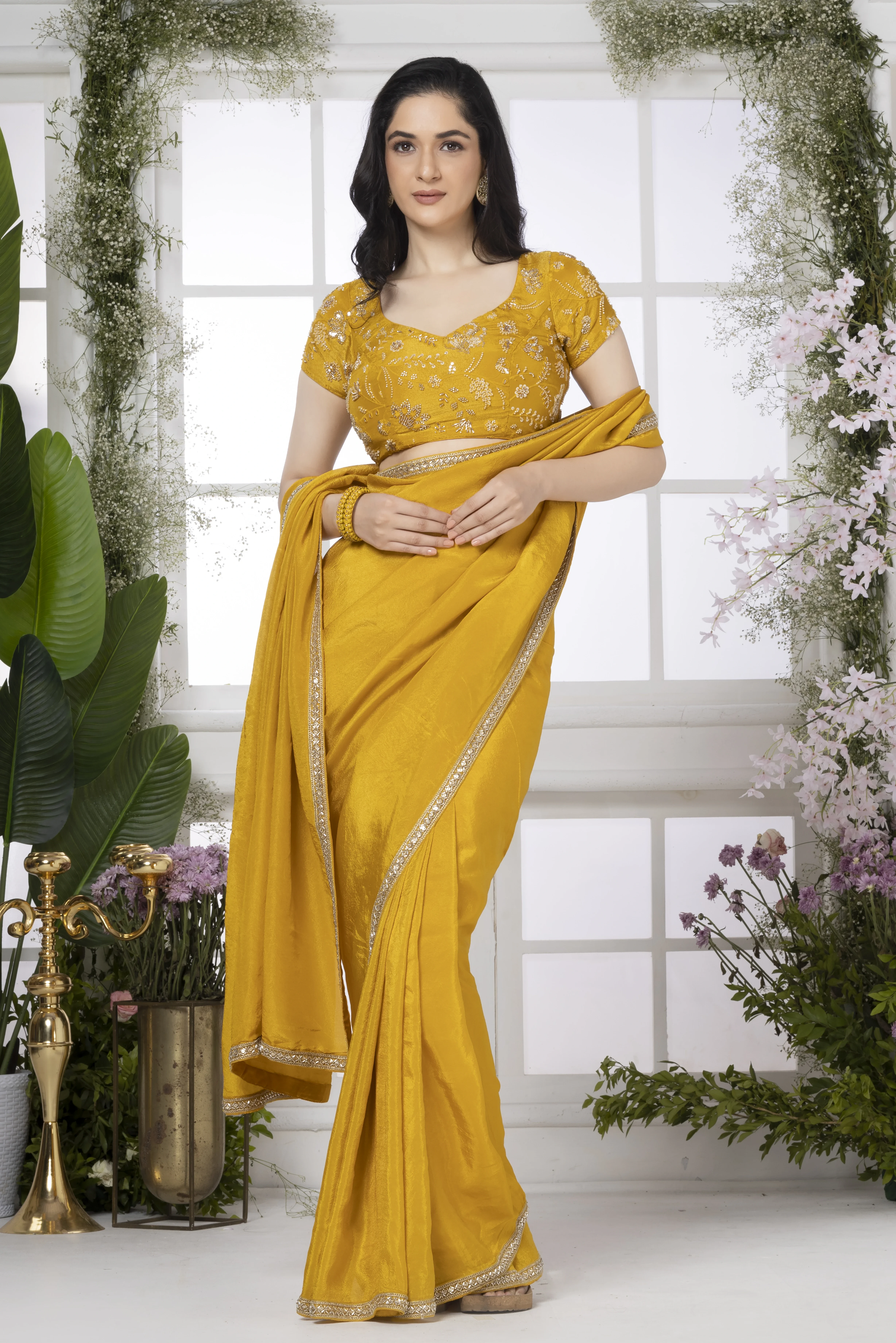 Yellow Pure Tissue Silk Saree With Cutdana Work Border