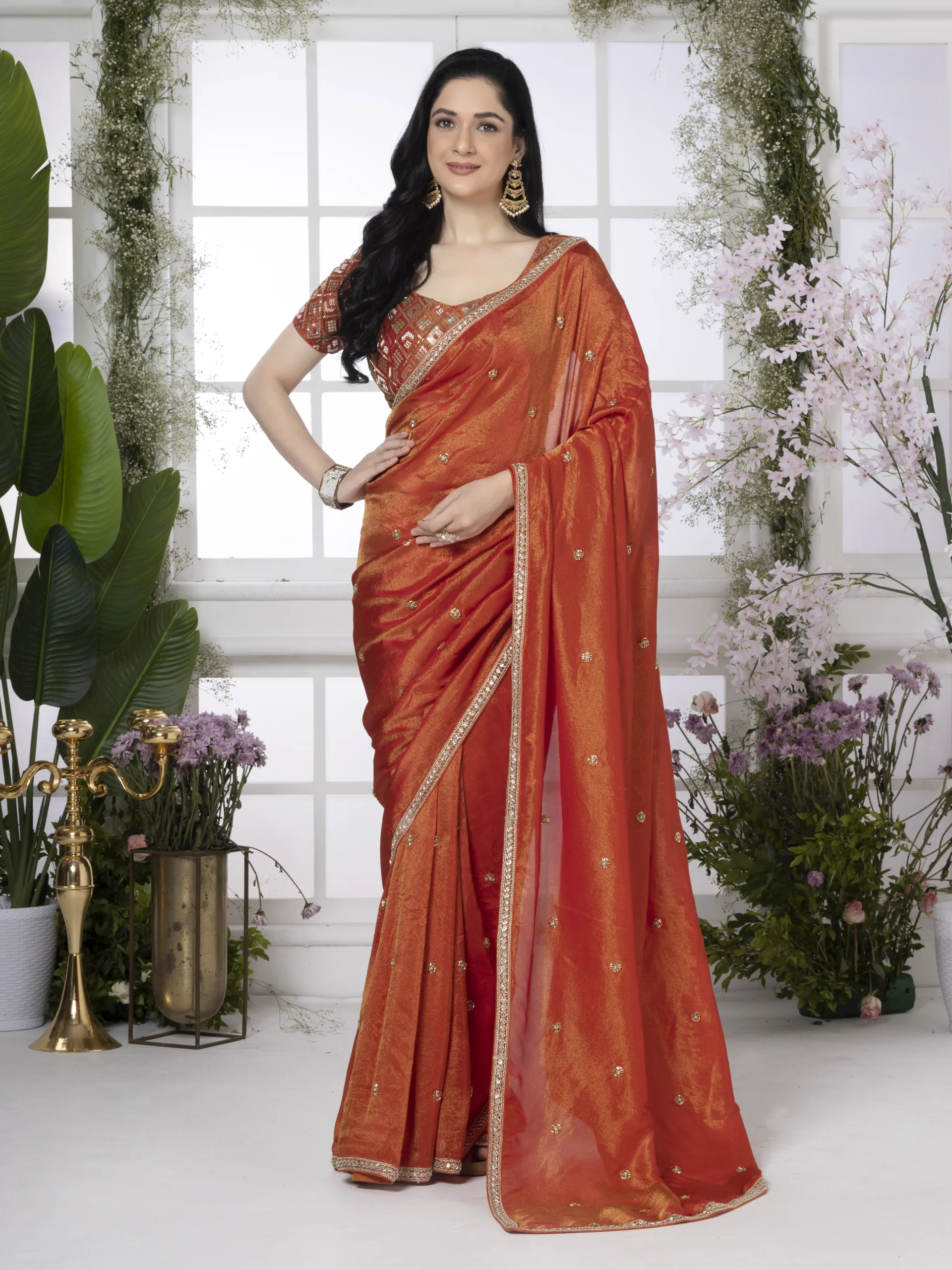 Chrome Red Pure Tissue Silk Saree With Cutdana Work Border - Image 2