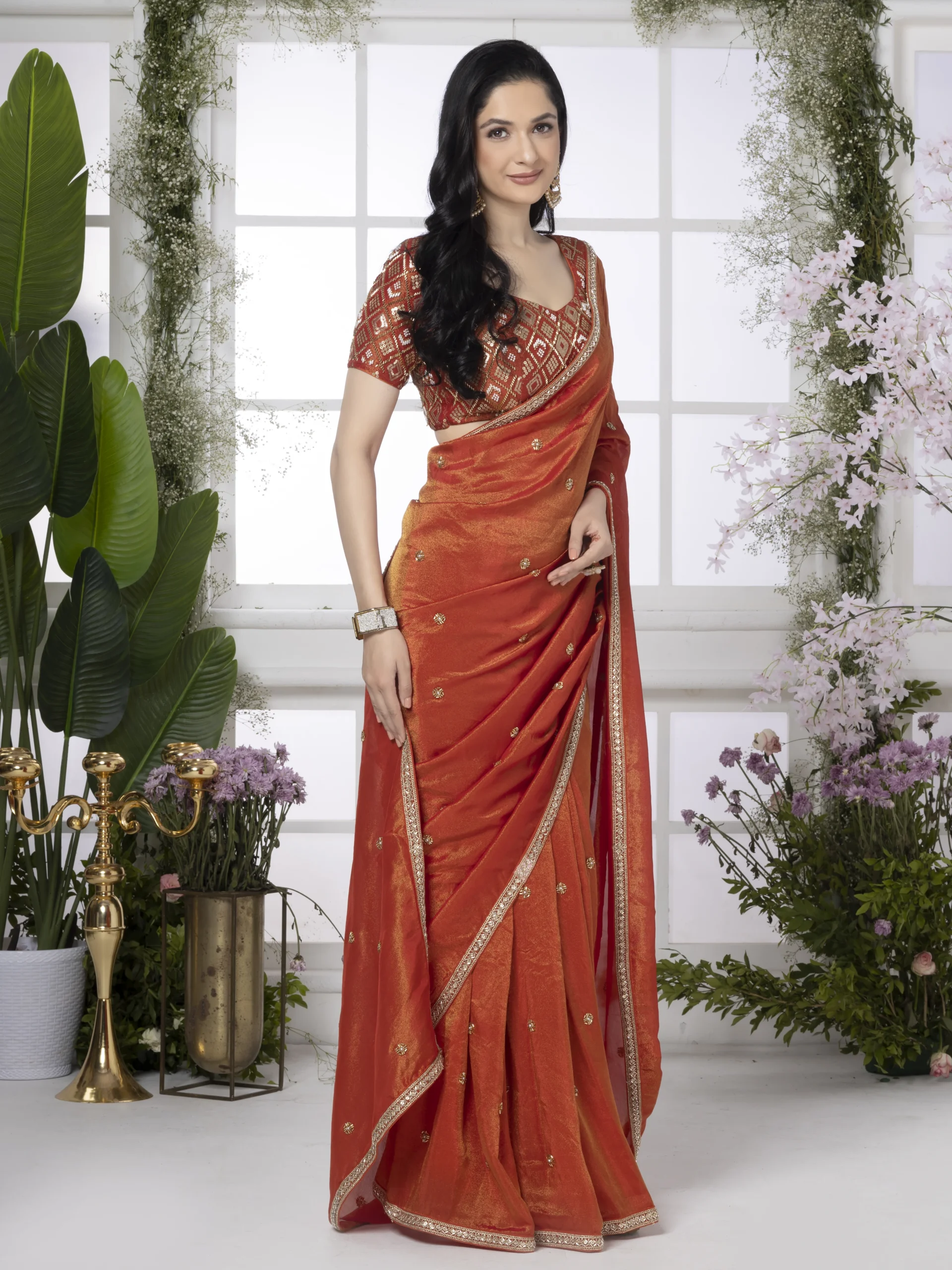 Chrome Red Pure Tissue Silk Saree With Cutdana Work Border